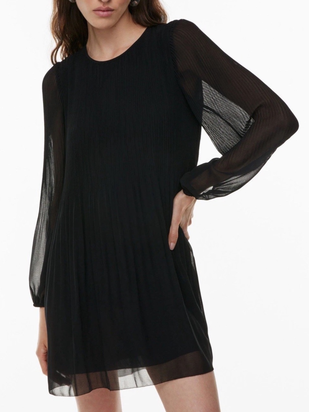 Aritzia Wilfred Daydreamer Dress Women's Small Black Pleated Sheer Sleeve
